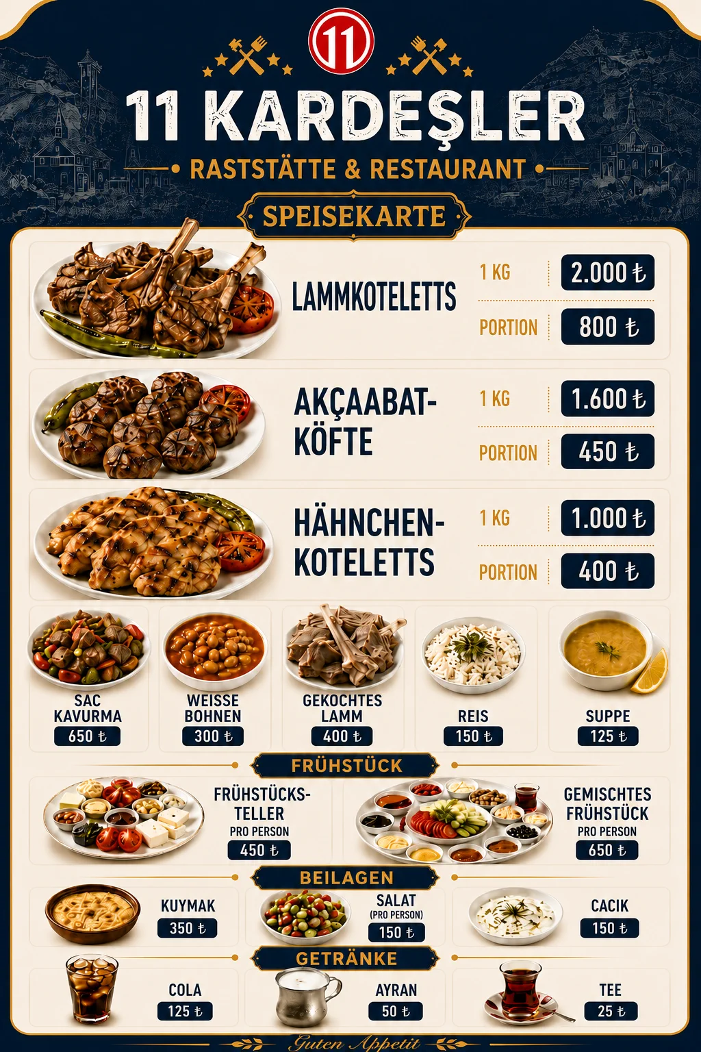 Vollständige Onbir Kardeşler Speisekarte mit aktuellen Preisen