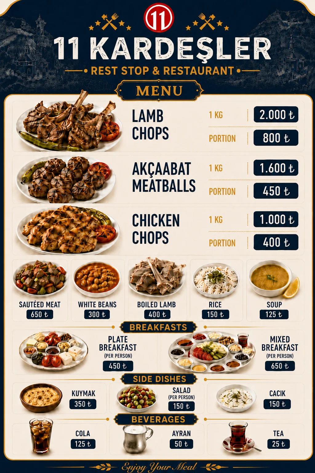 Full Onbir Kardeşler menu with current prices