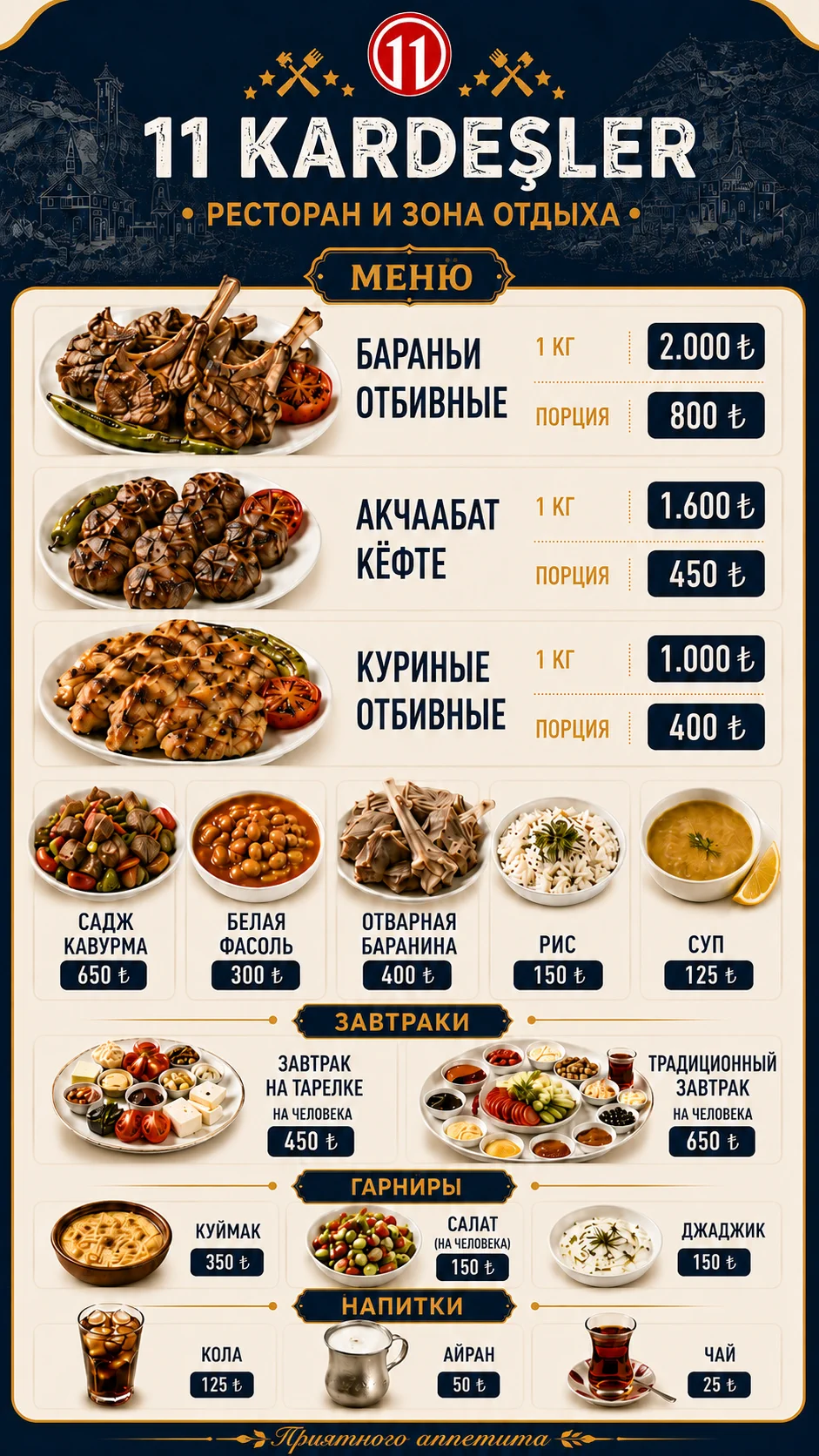 Полное меню Onbir Kardeşler с актуальными ценами