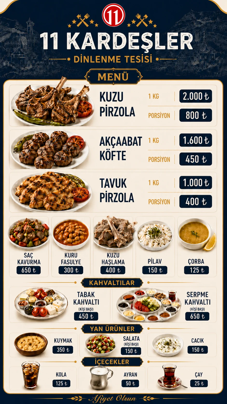 Onbir Kardeşler güncel fiyatlı tam menüsü